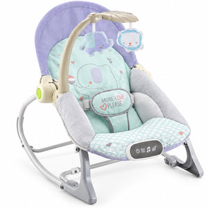 Transat MonBébé 2 en 1 bleu et mauve avec arche de jeux, éléphant et panneau de commande
