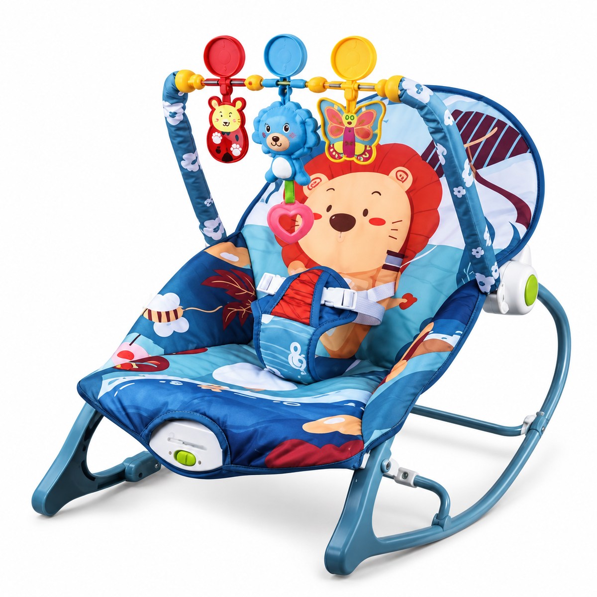 monbébé Transat Relax bleu motif lion, arche 3 jouets et position bascule