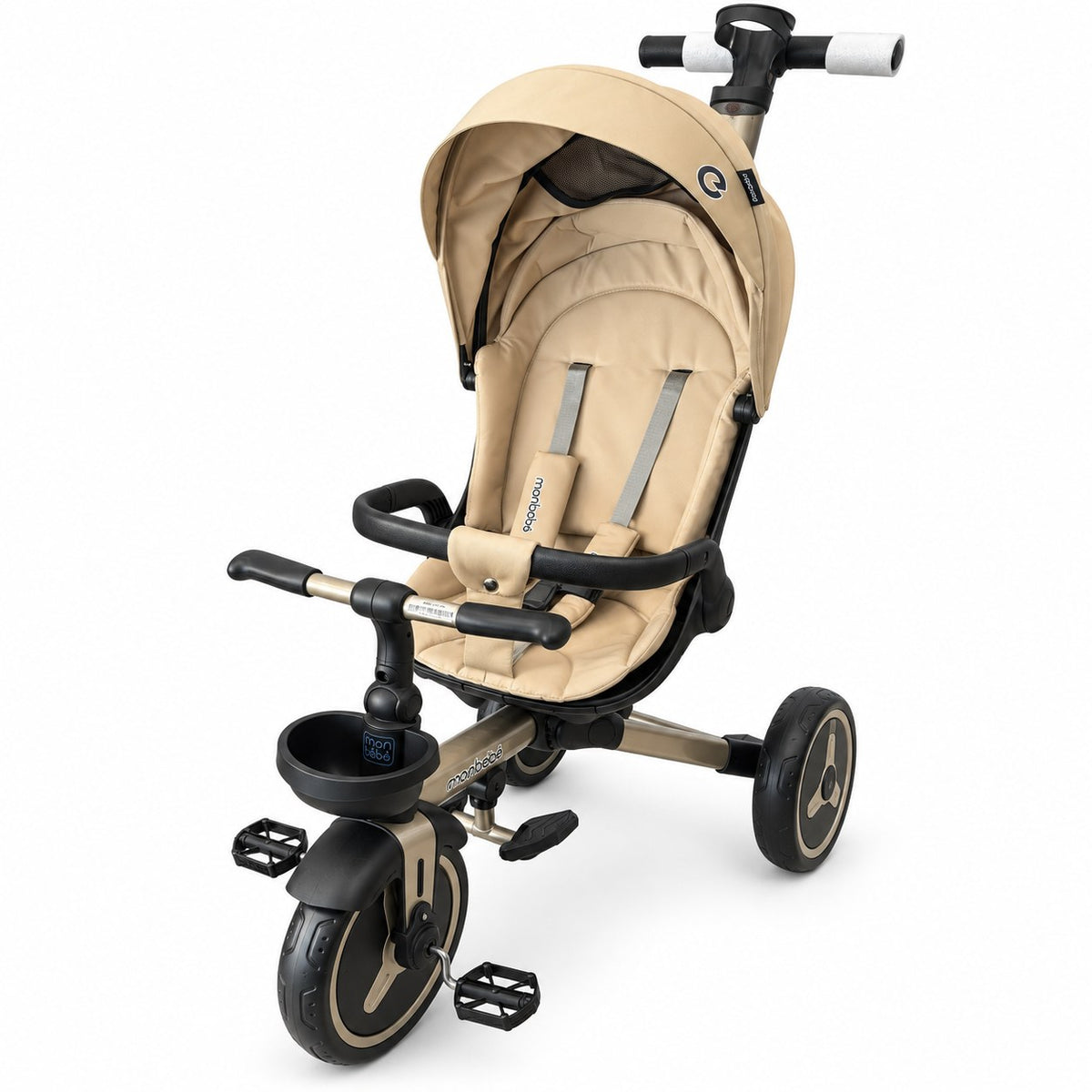 Tricycle évolutif monbébé beige sable : canne parentale, capote à filet d'aération, arceau de sécurité, porte-gobelet et pneus larges à jantes champagne
