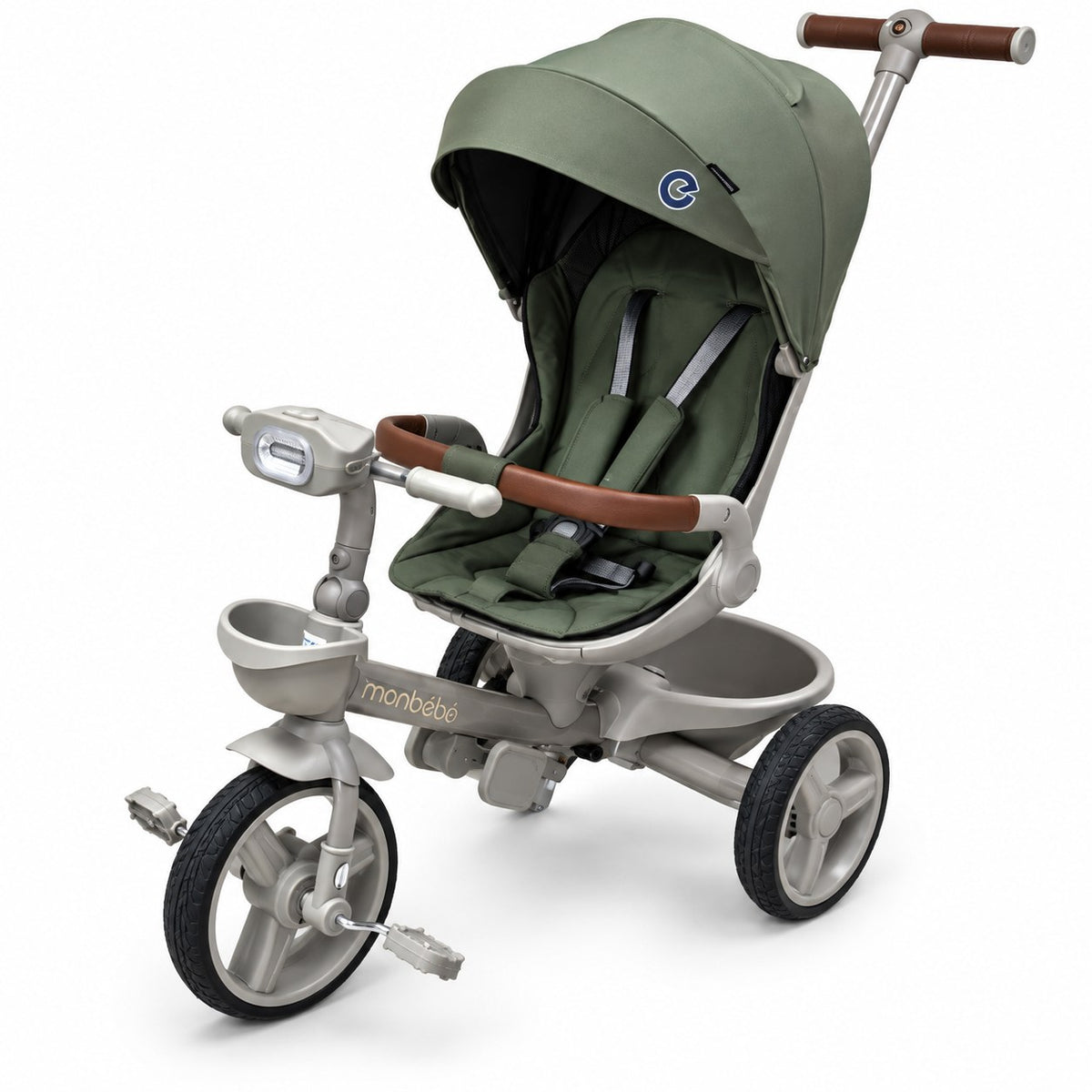 Tricycle évolutif 3 en 1 monbébé vert kaki : canne parentale, capote pare-soleil, arceau de sécurité cognac, phare avant et paniers