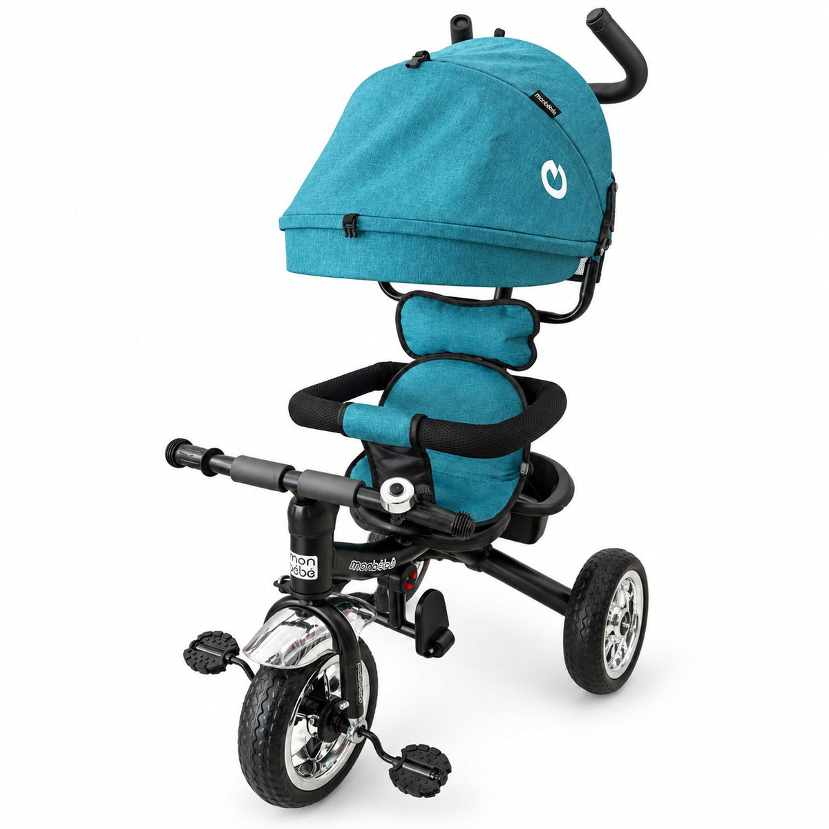 Tricycle évolutif monbébé turquoise vu de face, arceau de sécurité rembourré, guidon enfant et pédales
