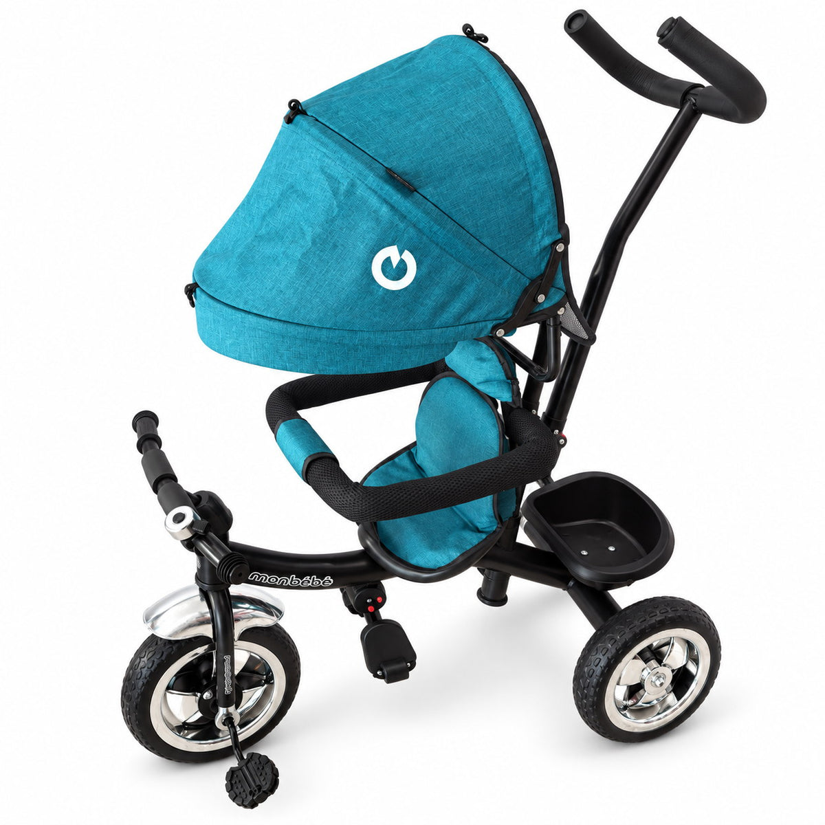 Tricycle évolutif monbébé turquoise vu de profil, capote déployée, canne parentale et panier arrière