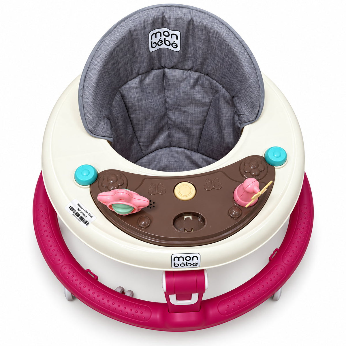 Vue de dessus du trotteur monbébé magenta : plateau d'éveil avec toupie à miroir, boutons et hochet