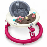 Trotteur bébé monbébé magenta et crème avec plateau d'éveil, siège gris matelassé à dossier haut