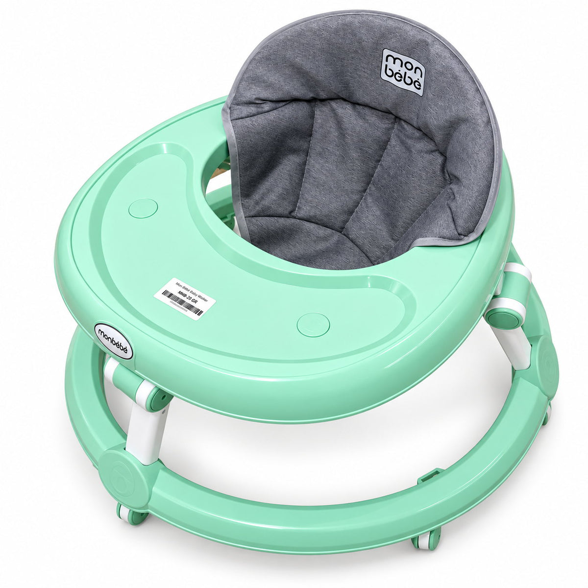 Vue de dessus du trotteur monbébé menthe : plateau lisse sans jouets, assise matelassée