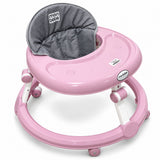 Trotteur bébé monbébé rose à plateau lisse, siège gris matelassé à dossier haut
