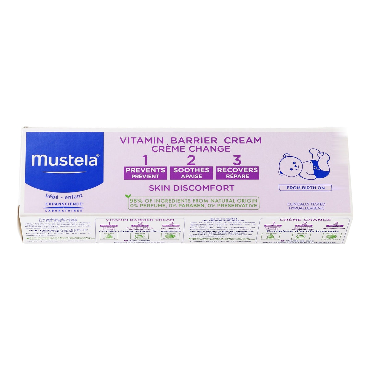 Étui Mustela Crème Change de face : 0 % parfum, 0 % paraben, 0 % conservateur, testé cliniquement