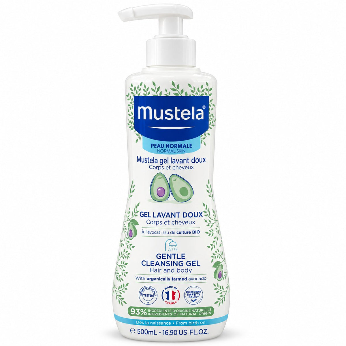 Flacon pompe Mustela Gel Lavant Doux 500 ml corps et cheveux à l'avocat BIO, peau normale, dès la naissance