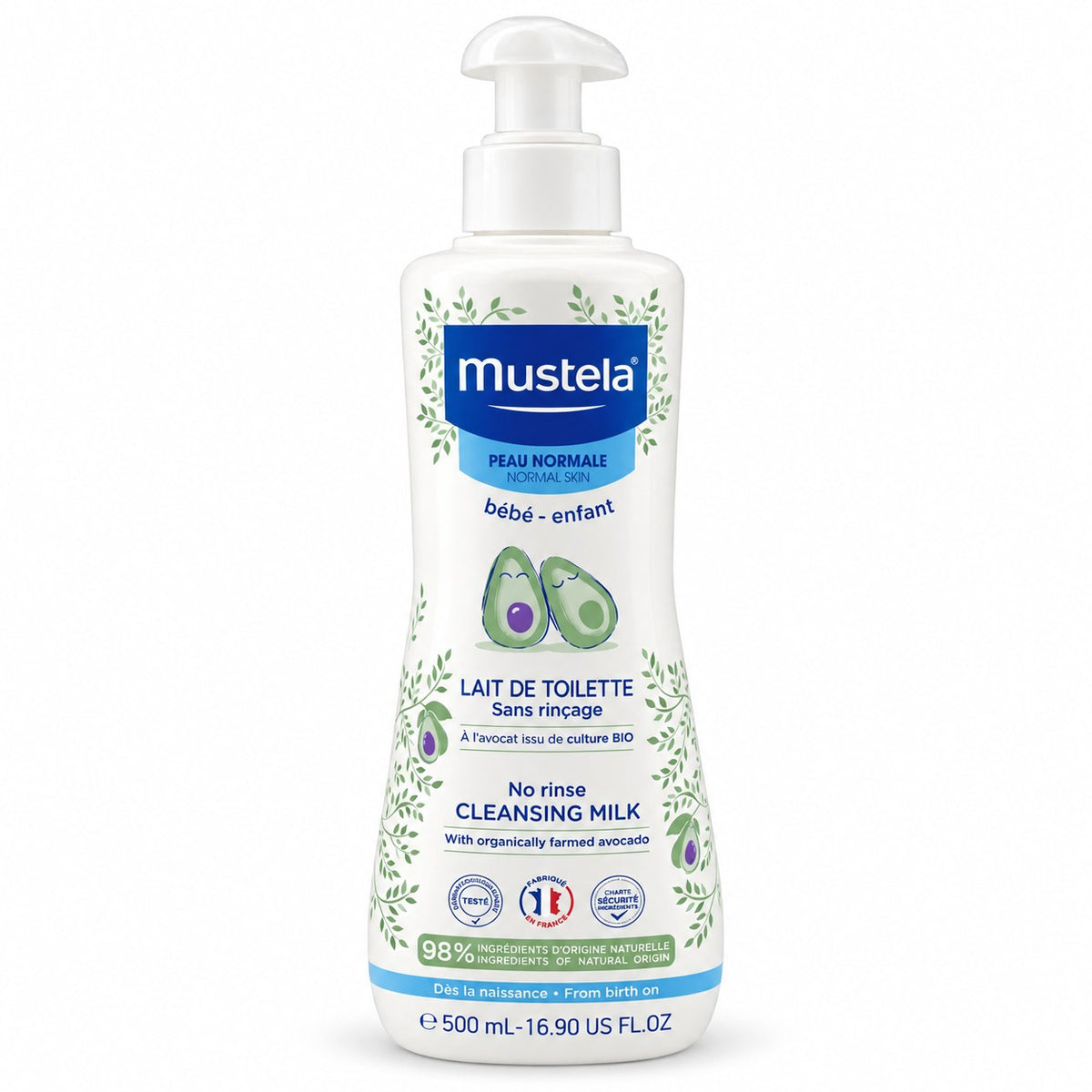 Flacon pompe Mustela Lait de Toilette 500 ml sans rinçage à l'avocat BIO, peau normale, dès la naissance