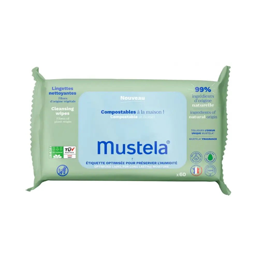 Paquet vert Mustela Lingettes Nettoyantes à l'Avocat BIO x60, compostables à la maison, 99 % d'ingrédients d'origine naturelle