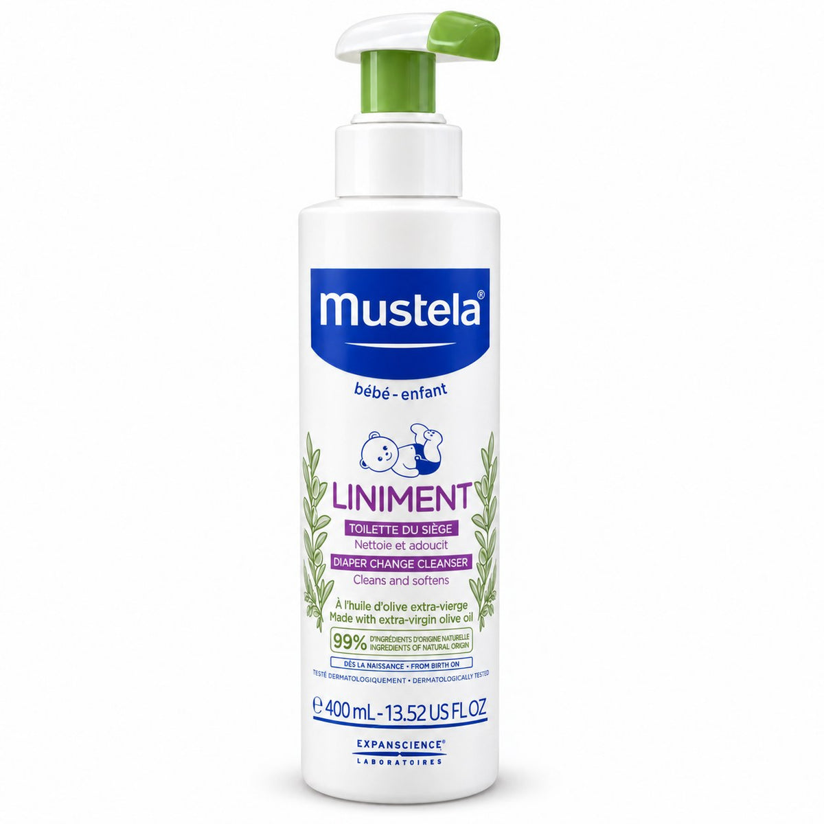 Flacon pompe Mustela Liniment 400 ml à l'huile d'olive extra-vierge, toilette du siège dès la naissance
