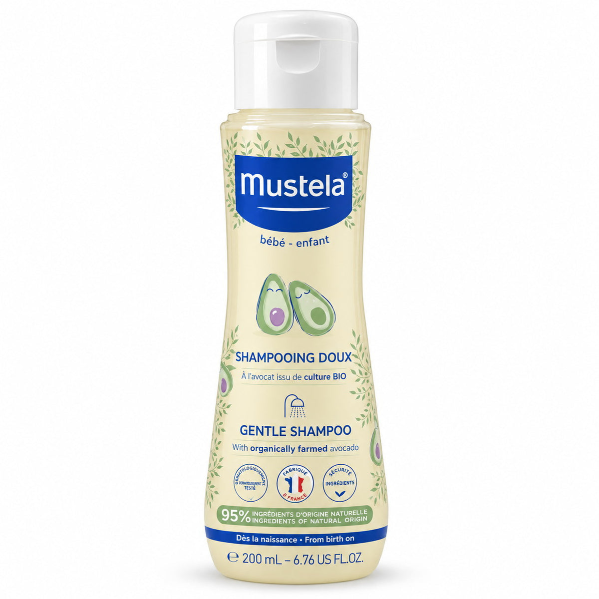 Flacon Mustela Shampooing Doux 200 ml à l'avocat issu de culture BIO, bébé-enfant, 95 % d'ingrédients d'origine naturelle, fabriqué en France