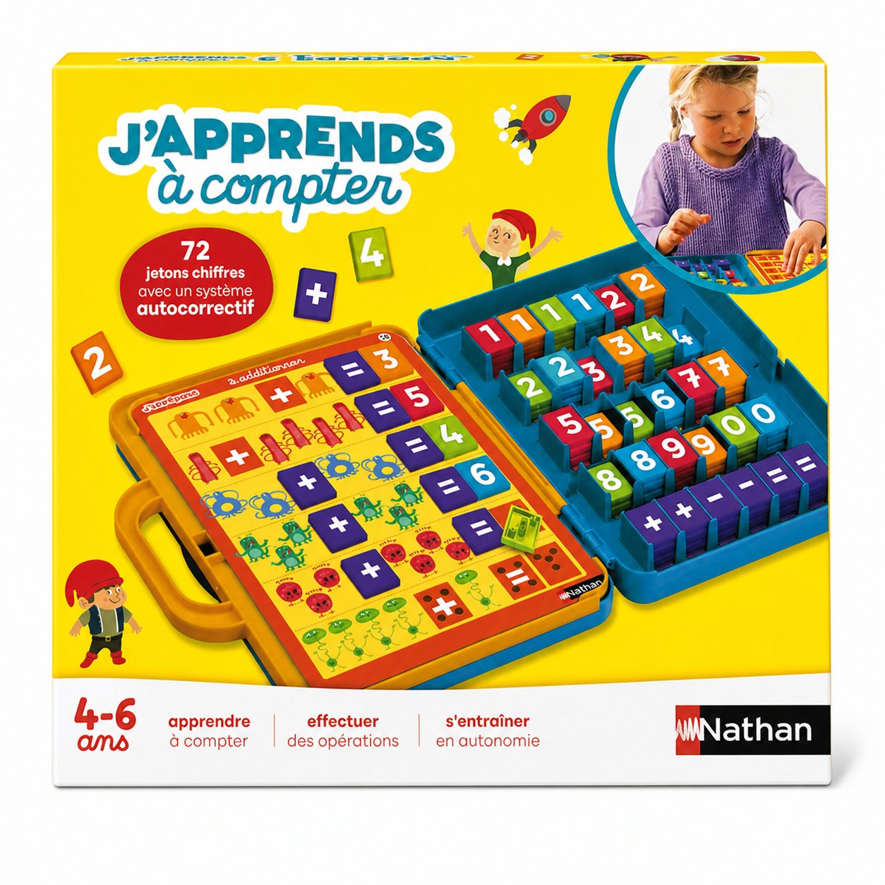 Jeu éducatif Nathan J'apprends à compter, mallette avec 72 jetons chiffres autocorrectifs, 4-6 ans
