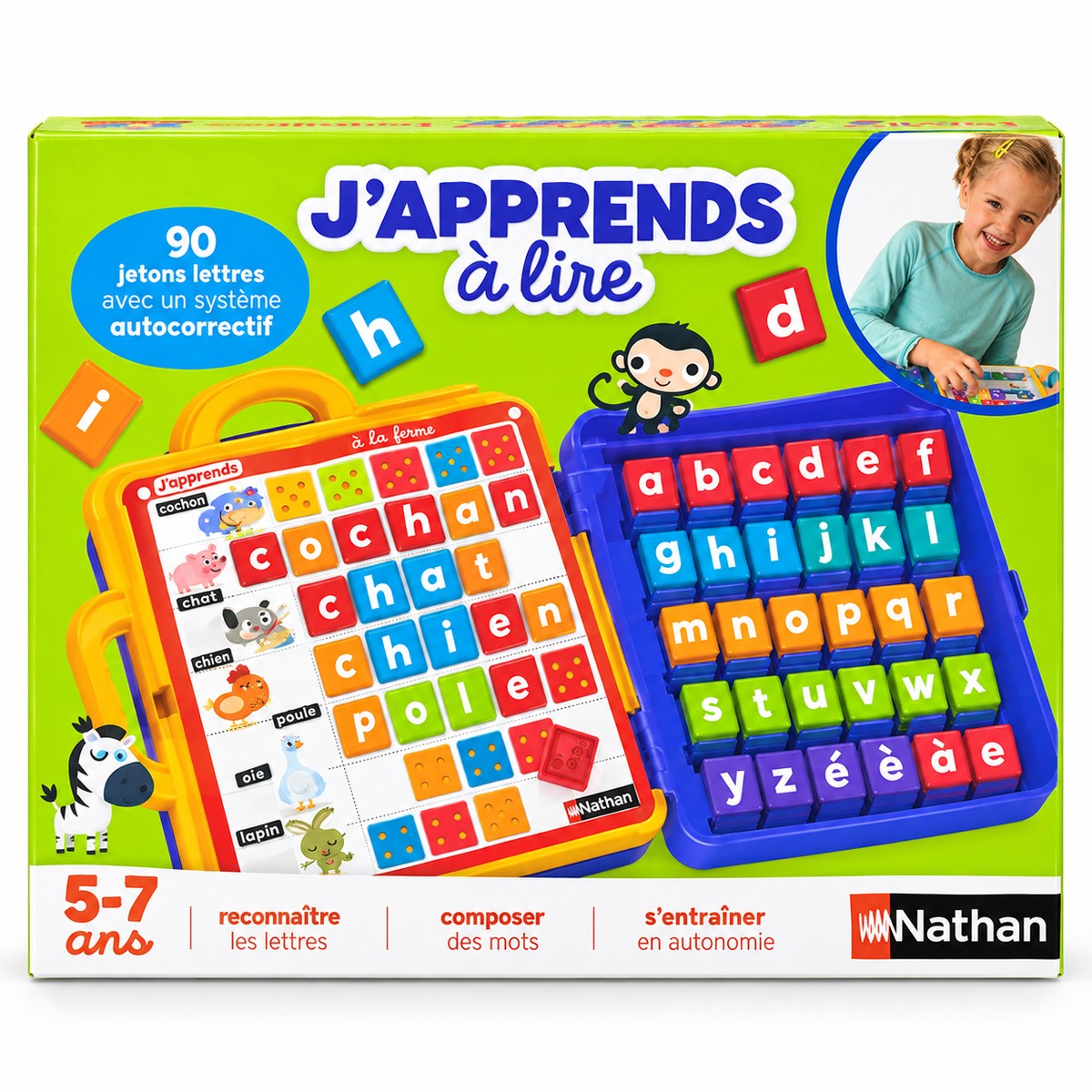 Boîte Nathan J'apprends à lire : 90 jetons lettres autocorrectifs, 5-7 ans