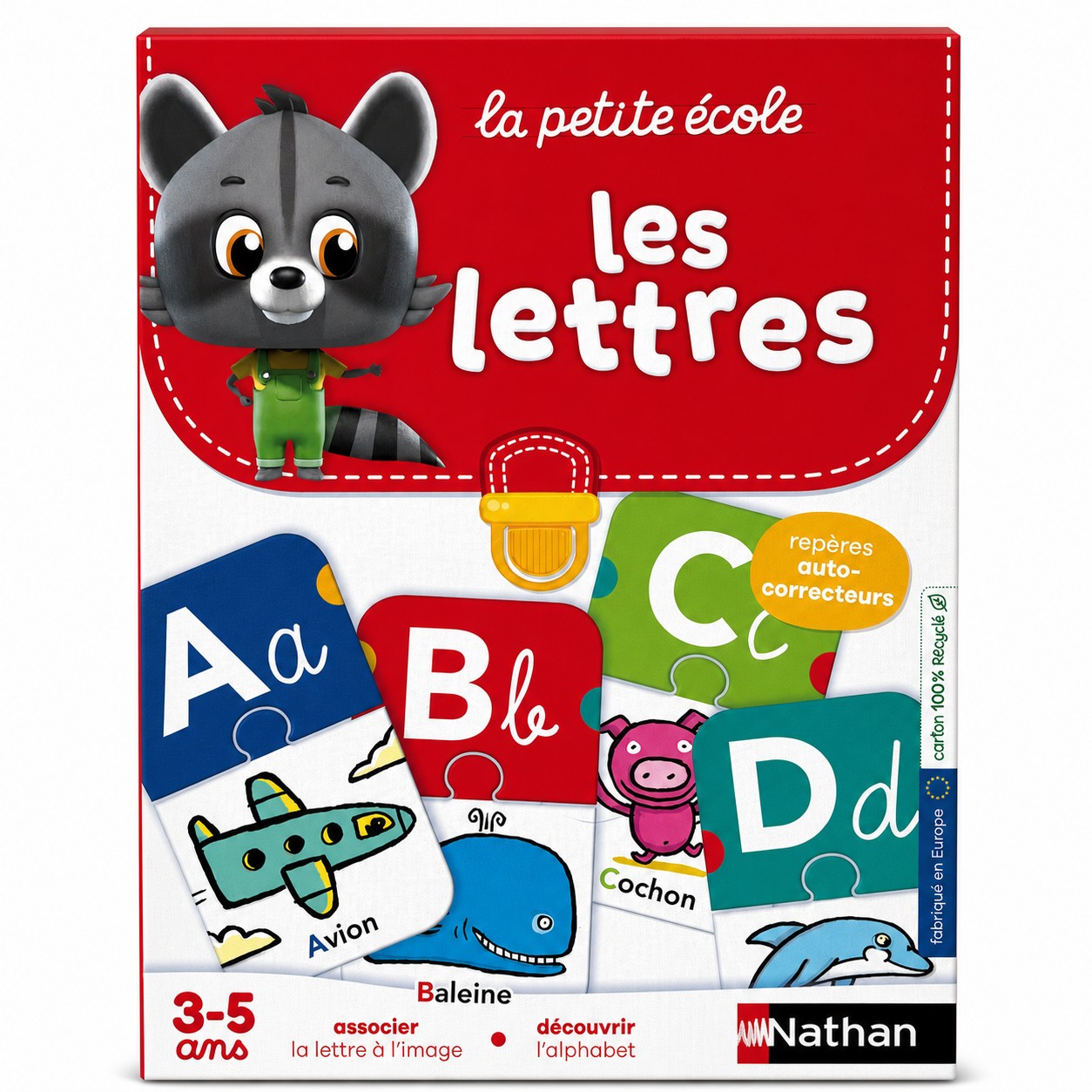Boîte Nathan La petite école Les lettres : cartes autocorrectives majuscule et cursive avec avion, baleine, cochon, dauphin, 3-5 ans