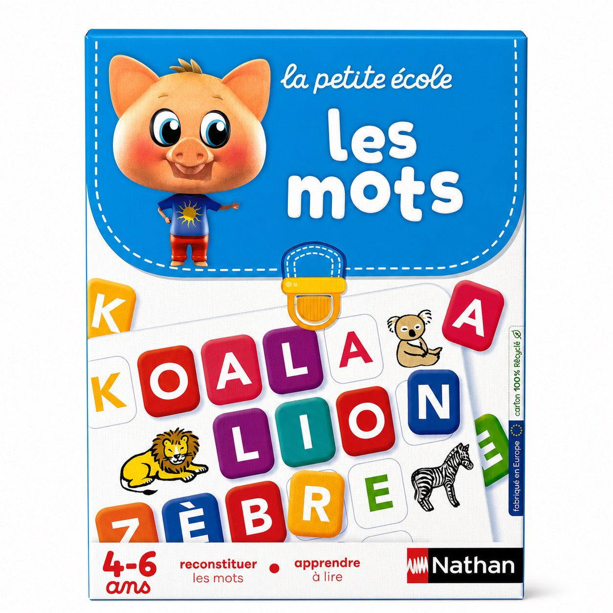 Boîte du jeu Nathan La petite école Les mots, 4-6 ans, avec lettres colorées formant koala, lion et zèbre