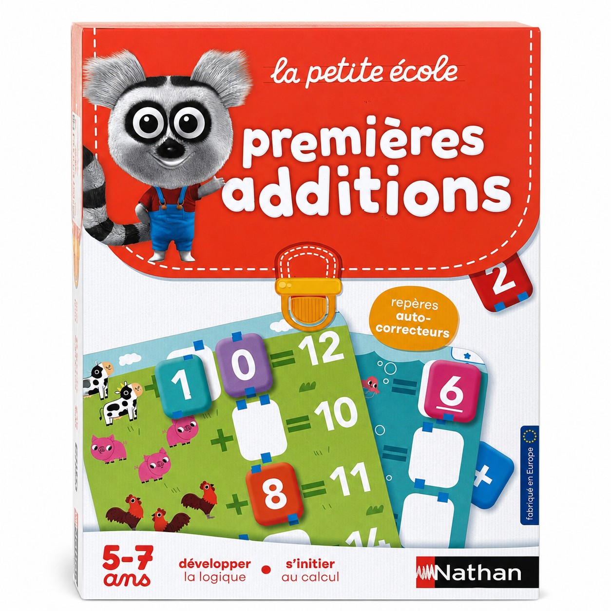 Boîte Nathan La petite école Premières additions : planches d'opérations à trous et jetons-chiffres autocorrecteurs, 5-7 ans