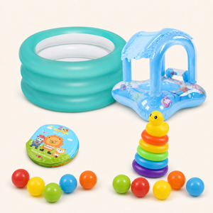 Pack de plage 5 en 1 — modèle Garçon (bleu) : piscine, bouée pare-soleil, tour arc-en-ciel, livre de bain, 10 balles