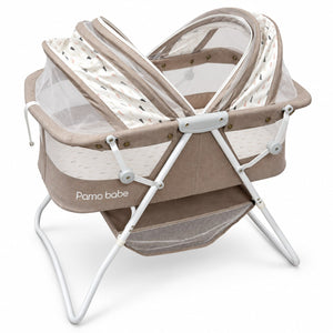 Couffin pliable Pamo Babe beige : capote double à moustiquaire, panier de rangement et piétement en aluminium blanc