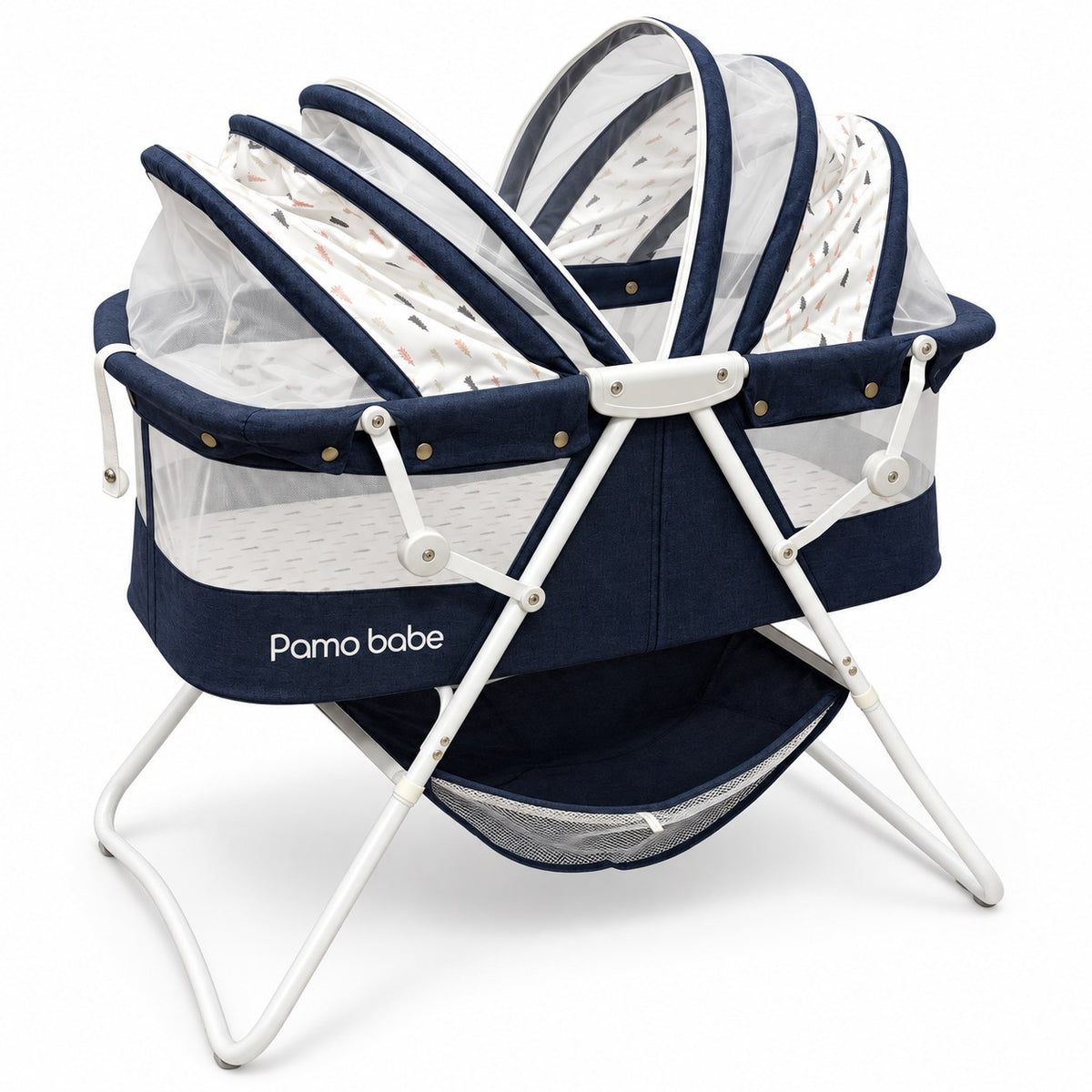 Couffin pliable Pamo Babe bleu marine : capote double à moustiquaire, panier de rangement et piétement en aluminium blanc