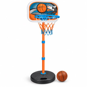 Panier de basket enfant sur pied réglable, poteau orange, socle lestable et ballon