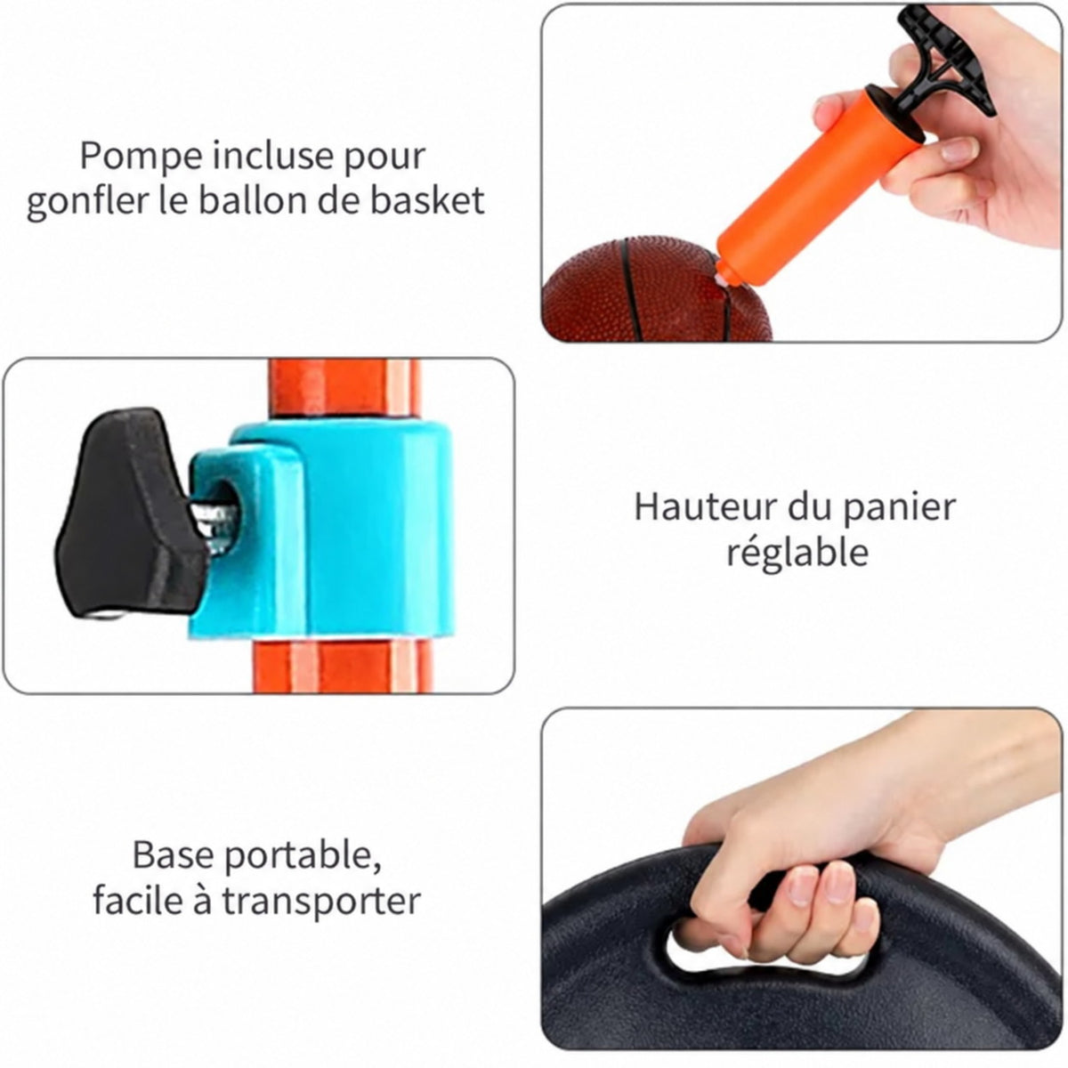 Fonctions du panier de basket : pompe incluse pour gonfler le ballon, hauteur réglable par molette et socle portable à poignée