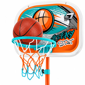 Gros plan du panneau graphique, de l'arceau turquoise, du filet et du ballon de basket inclus