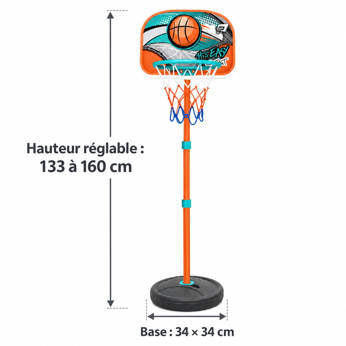 Dimensions du panier de basket : hauteur réglable de 133 à 160 cm et socle de 34 x 34 cm