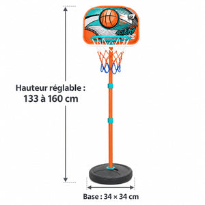 Dimensions du panier de basket : hauteur réglable de 133 à 160 cm et socle de 34 x 34 cm