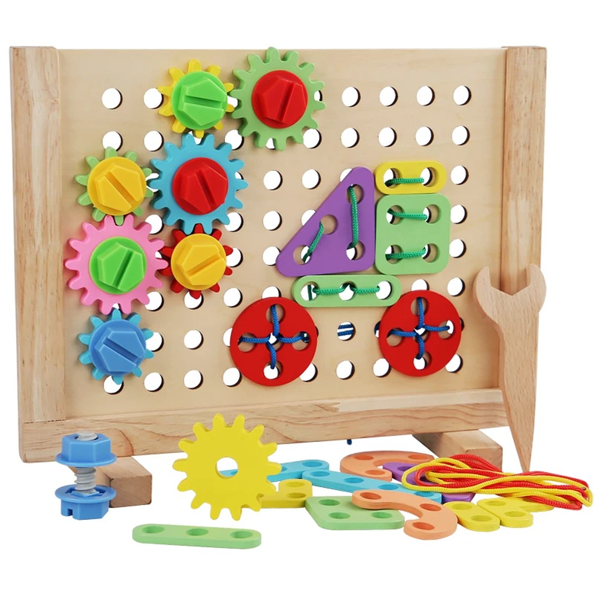 Panneau de vissage et engrenages Montessori en bois avec vis colorées, clé et lacets