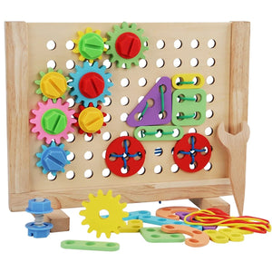 Panneau de vissage et engrenages Montessori en bois avec vis colorées, clé et lacets
