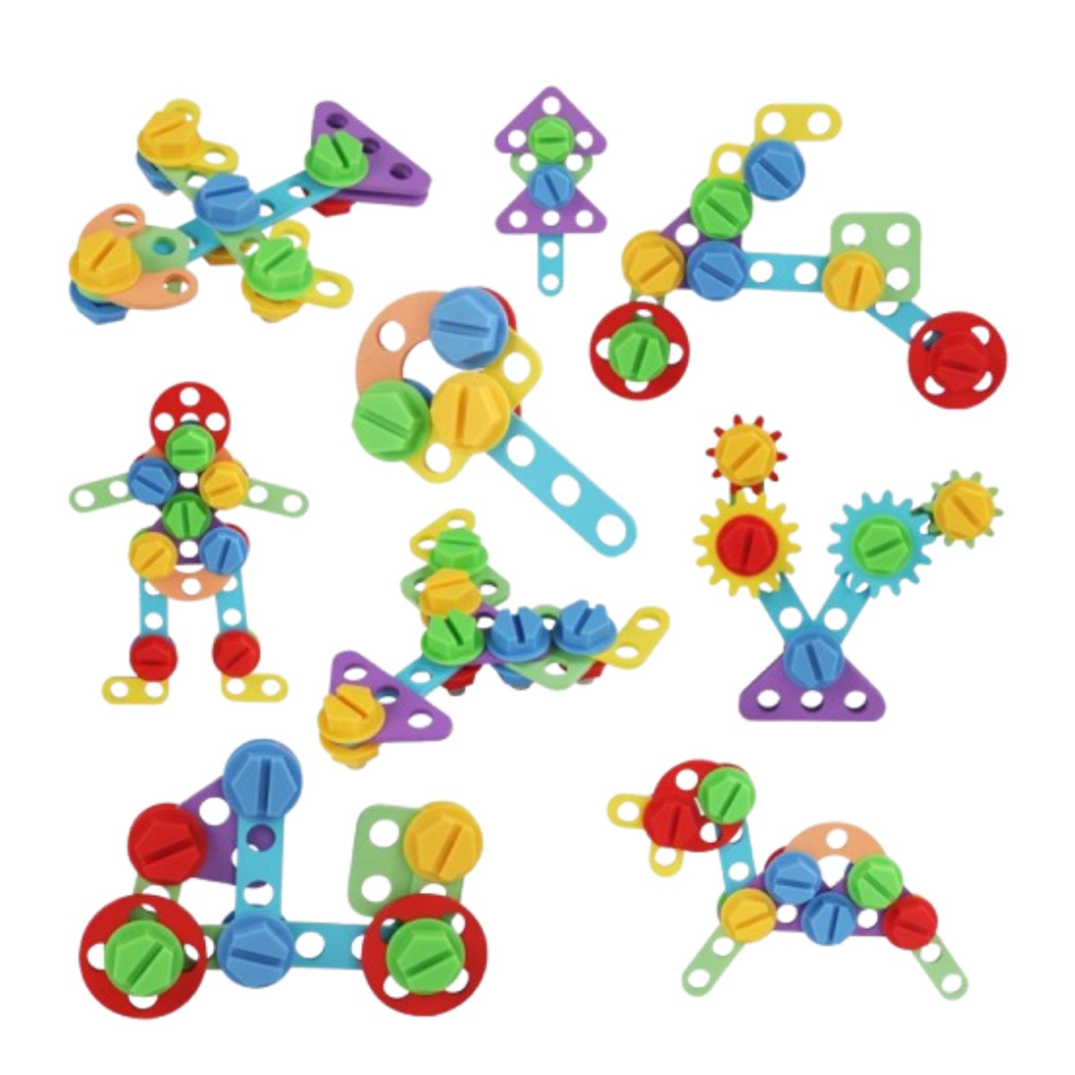 Toutes les pièces du panneau Montessori : vis, engrenages, plaques et formes