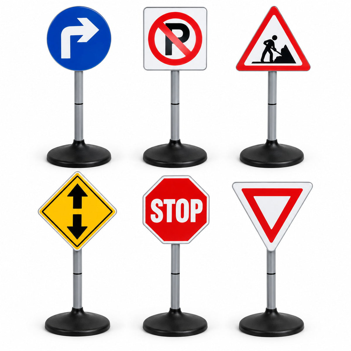 Set de 6 panneaux de signalisation enfant CXL sur socle noir : STOP, cédez le passage, stationnement interdit, travaux, double sens, direction obligatoire à droite
