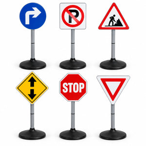 Set de 6 panneaux de signalisation enfant CXL sur socle noir : STOP, cédez le passage, stationnement interdit, travaux, double sens, direction obligatoire à droite