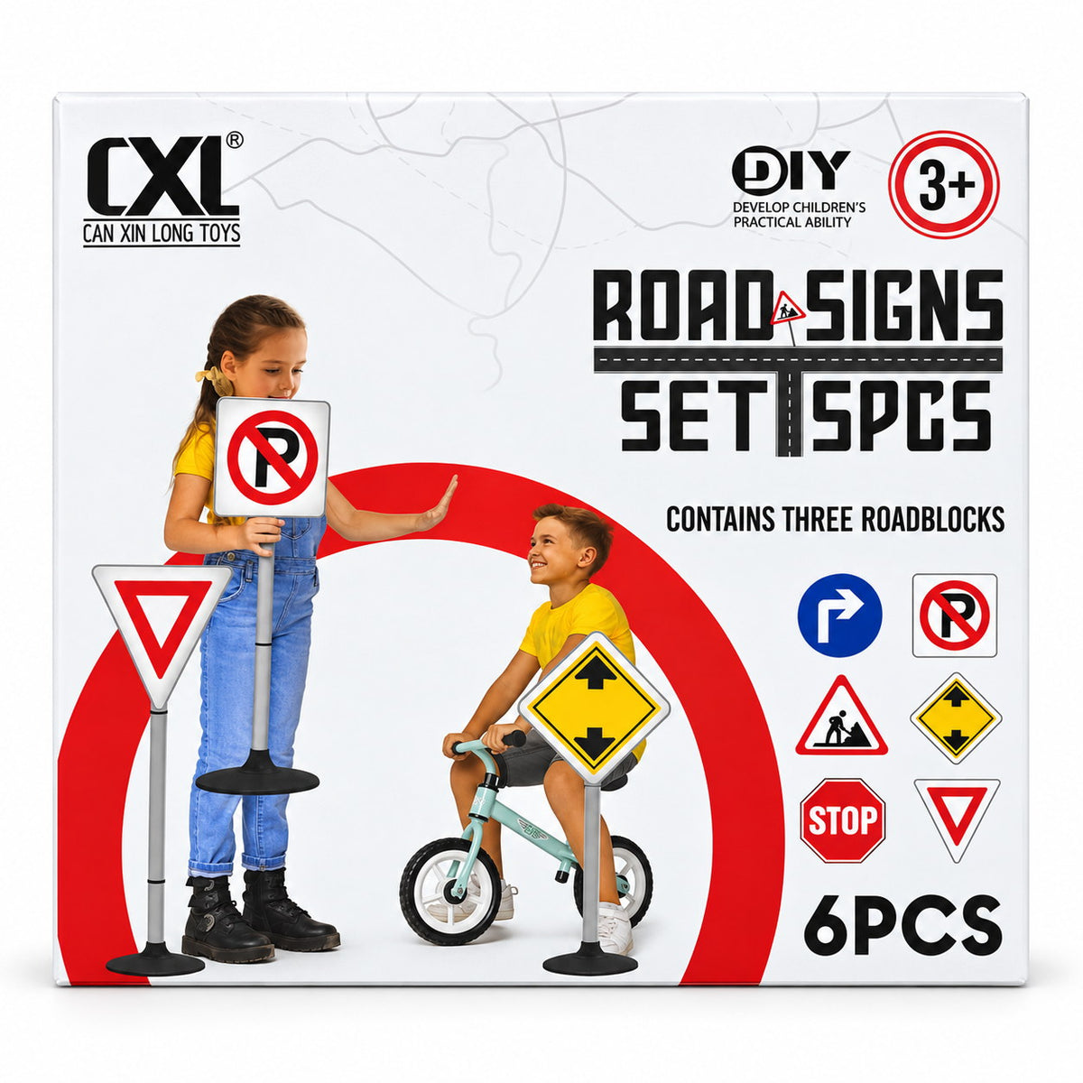 Emballage CXL Road Signs Set 6 pièces, 3 ans et plus, avec enfants jouant à vélo autour des panneaux
