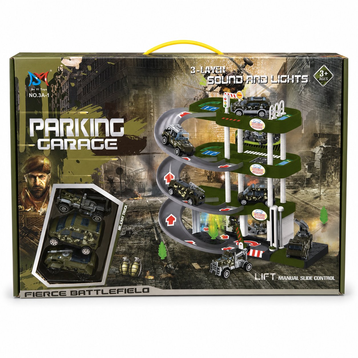 Garage parking militaire 3 étages avec ascenseur, rampes, sons et lumières et véhicules militaires, dans sa boîte
