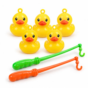 Jeu de pêche aux canards : 5 canards jaunes à anneau et 2 cannes à crochet verte et orange