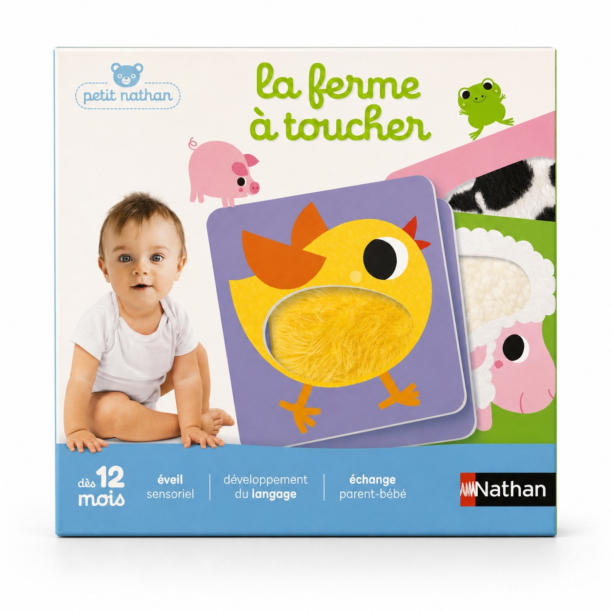 Boîte Petit Nathan La ferme à toucher : cartes sensorielles avec poussin duveteux, vache et mouton, dès 12 mois