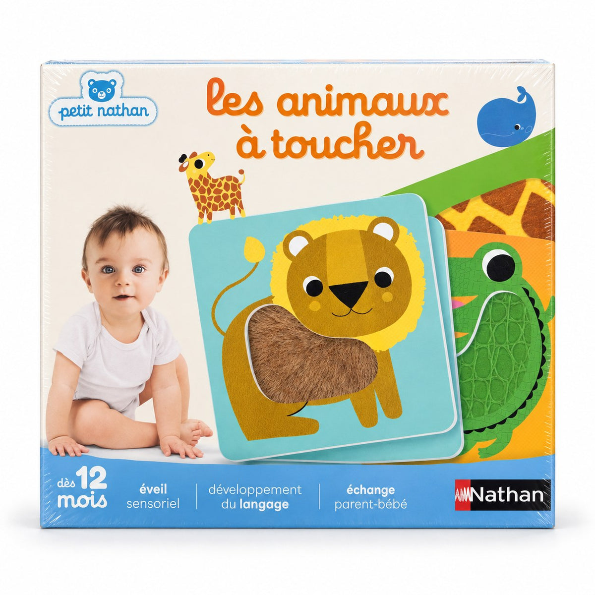 Boîte Petit Nathan Les animaux à toucher : cartes sensorielles avec lion en fourrure, crocodile écailleux et girafe floquée, dès 12 mois