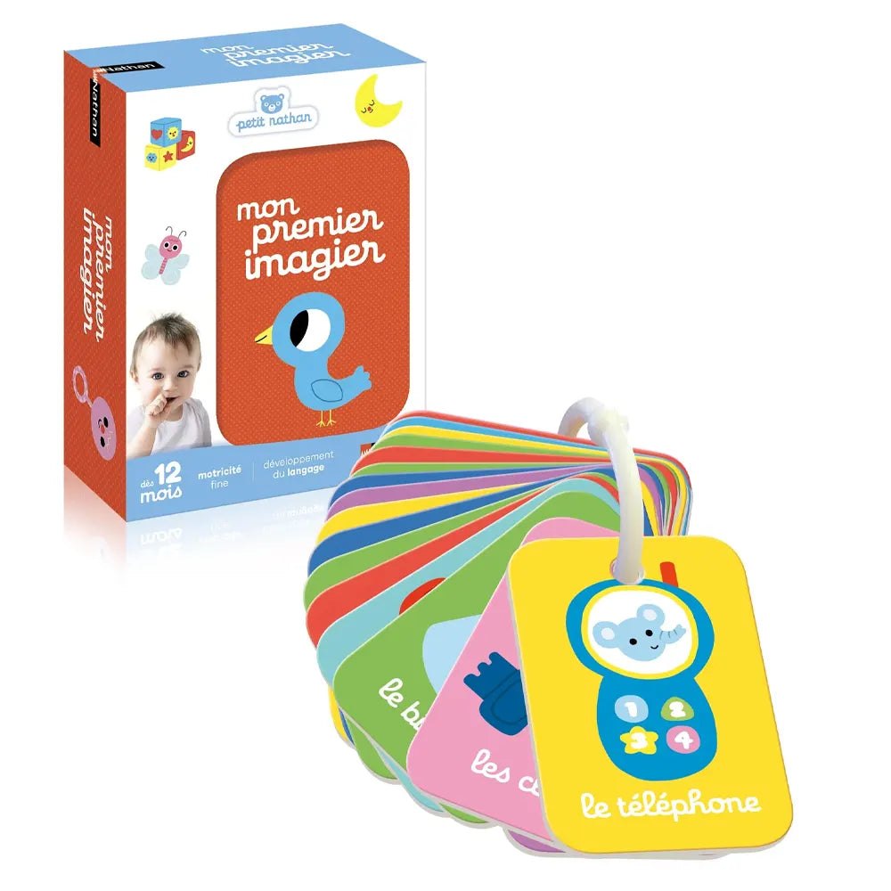 Boîte Petit Nathan Mon premier imagier avec les 20 cartes colorées déployées sur leur anneau, dès 12 mois