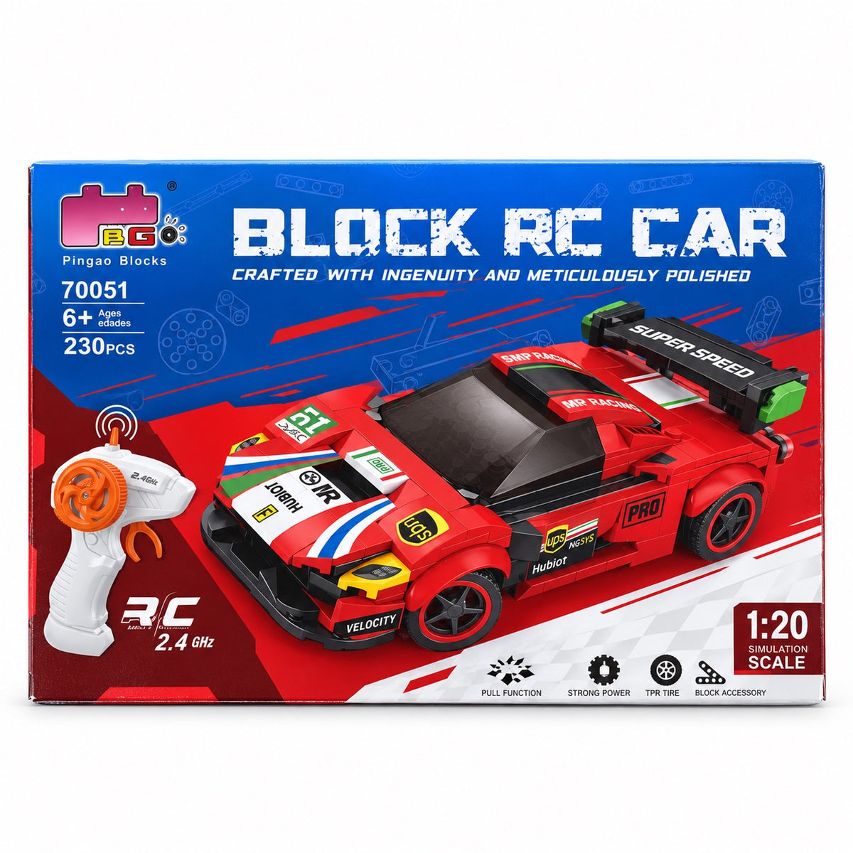Boîte Pingao Blocks RC Car 70051 : voiture de course rouge en briques, télécommande 2.4 GHz, 230 pièces, dès 6 ans