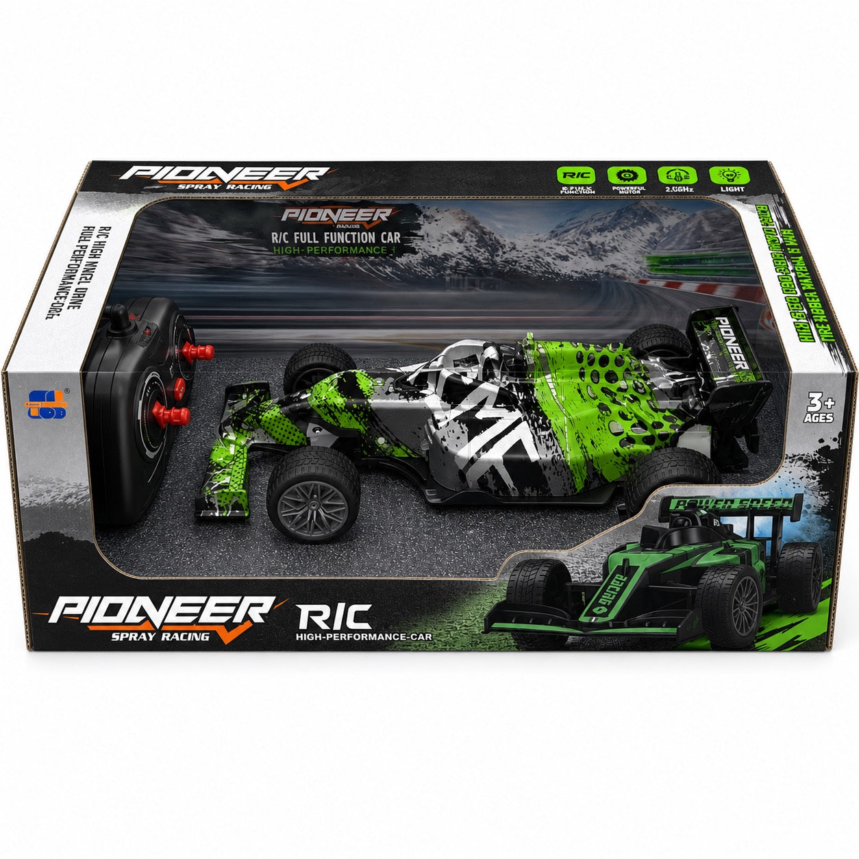 Voiture de course F1 radiocommandée Pioneer Spray Racing verte et noire avec sa télécommande 2.4 GHz, dans sa boîte