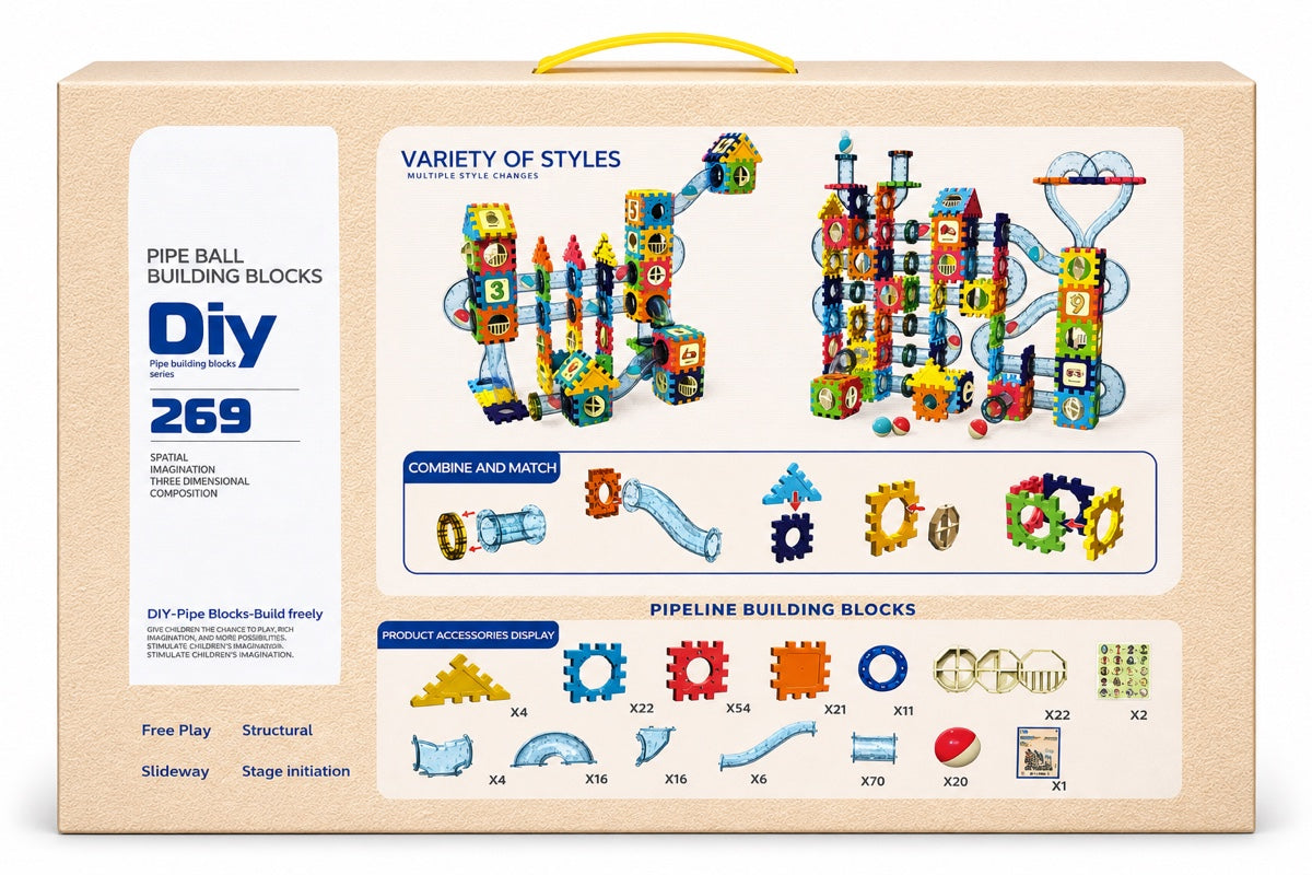 Mallette Pipe Ball Building Blocks 269 pièces : blocs à crans, tubes transparents et billes pour construire des circuits