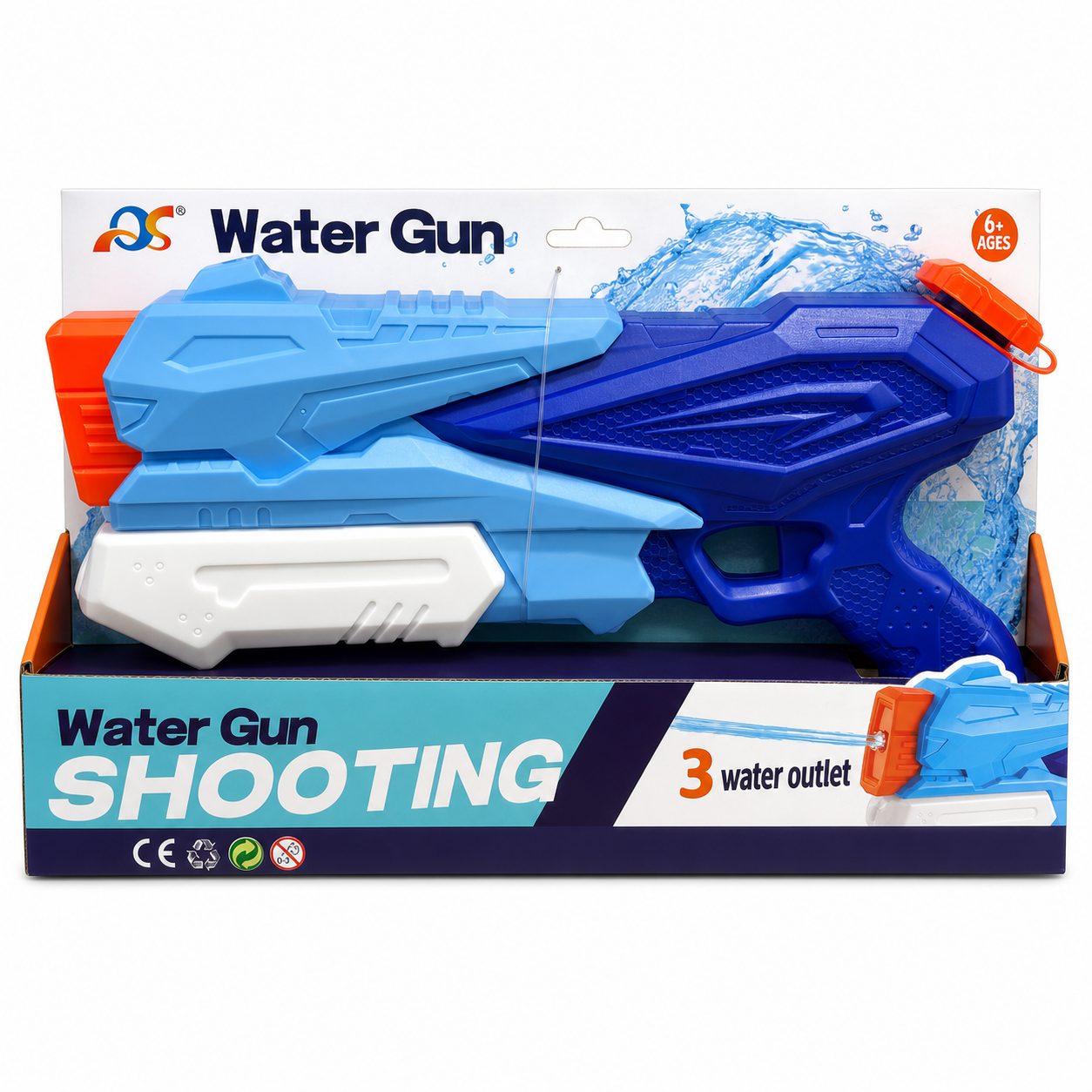 Pistolet à eau bleu Water Gun Shooting à 3 sorties d'eau, sans piles, dès 6 ans