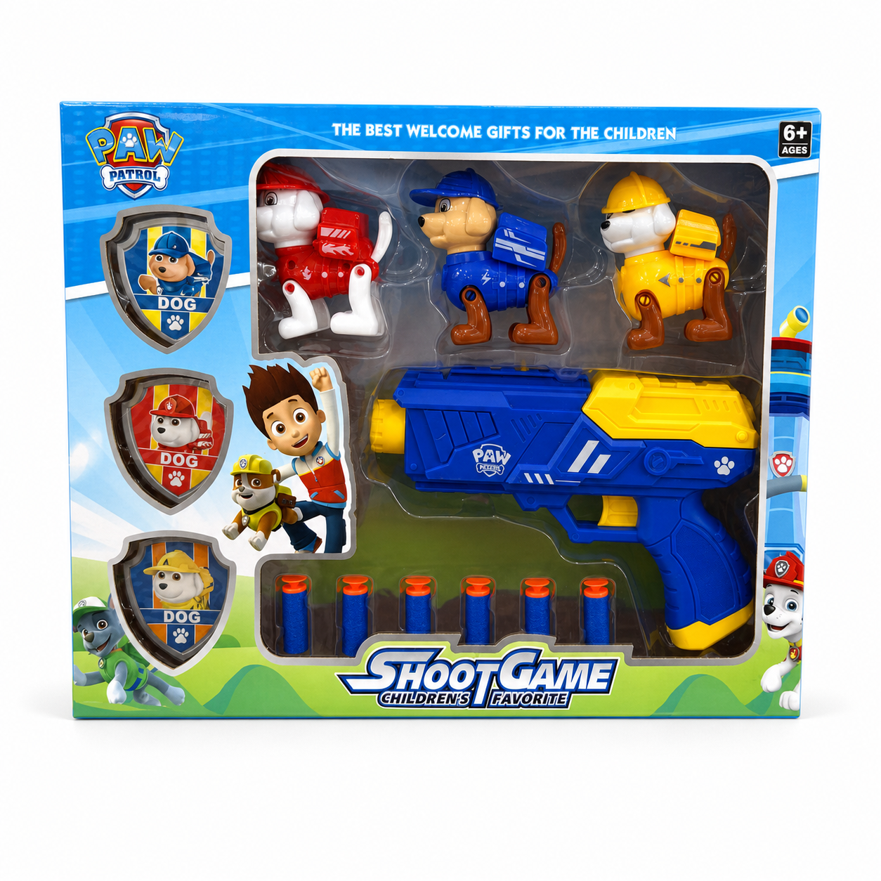 Coffret pistolet à fléchettes en mousse avec 6 fléchettes et 3 figurines de chiens de sauvetage
