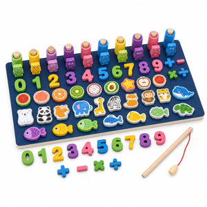 Planche éducative en bois MGOOL avec chiffres, anneaux à empiler, fruits, animaux et canne à pêche magnétique