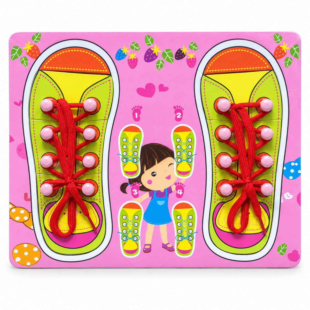 Planche de laçage en bois rose avec deux chaussures à lacer, œillets en bois et guide du nœud en 4 étapes
