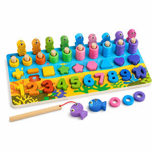 Planche éducative Montessori 6 en 1 en bois — pêche magnétique, anneaux à empiler, chiffres et formes géométriques