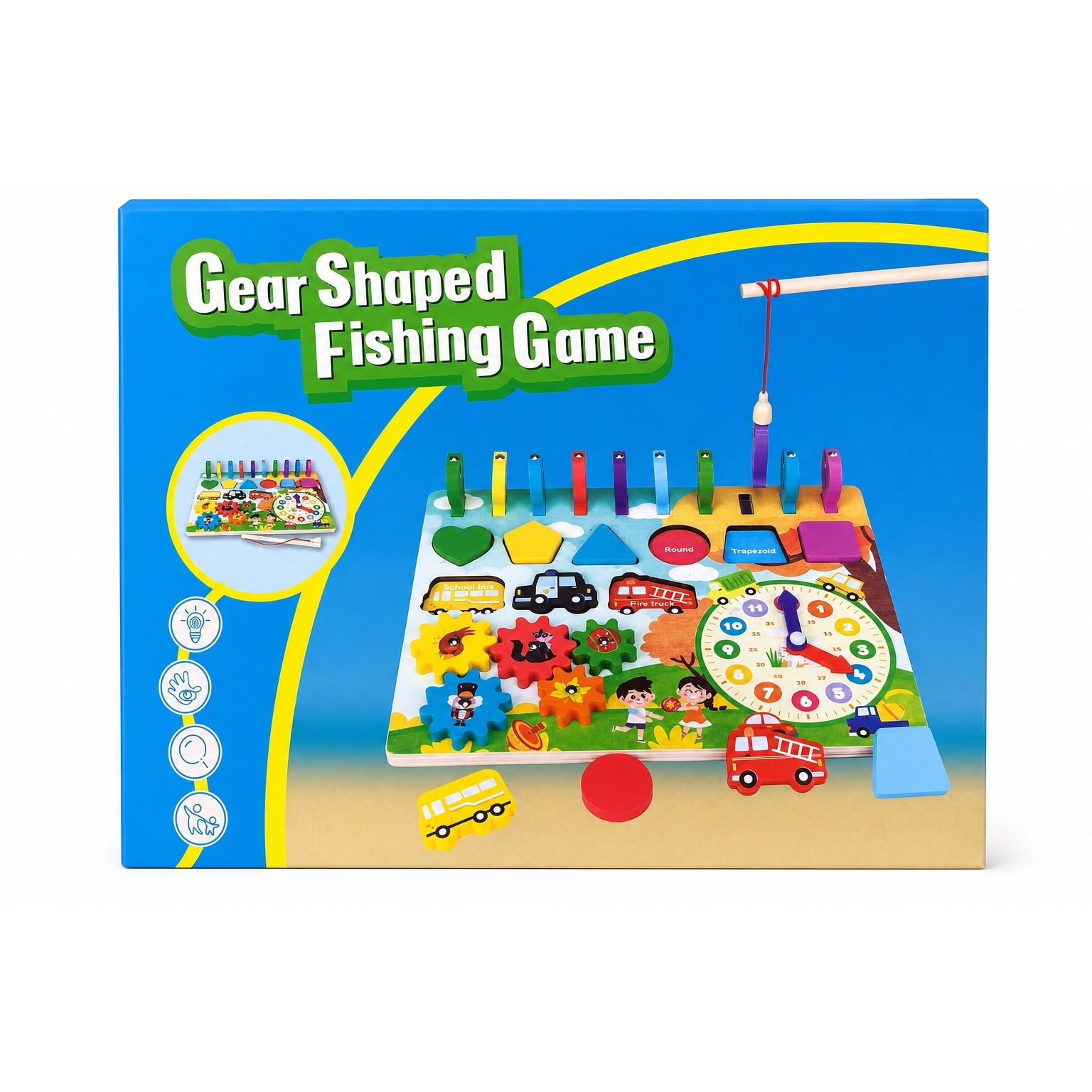 Plateau en bois Gear Shaped Fishing Game : canne à pêche magnétique, engrenages à animaux, formes géométriques, véhicules et horloge d'apprentissage