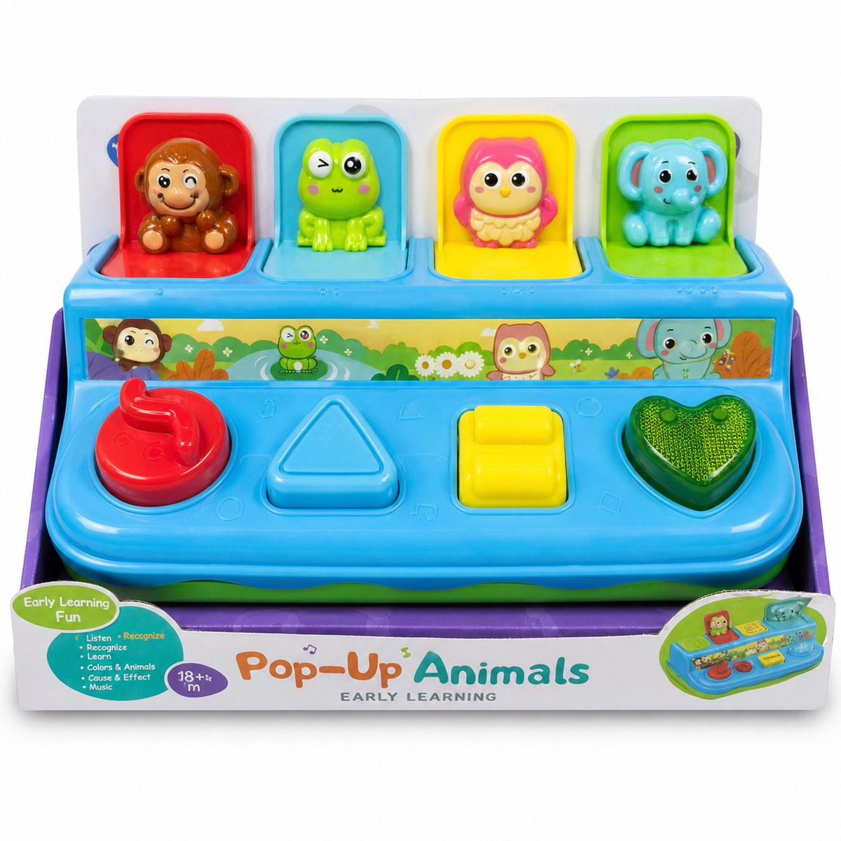 Boîte à surprises Pop-Up Animals avec singe, grenouille, hibou et éléphant et ses quatre boutons